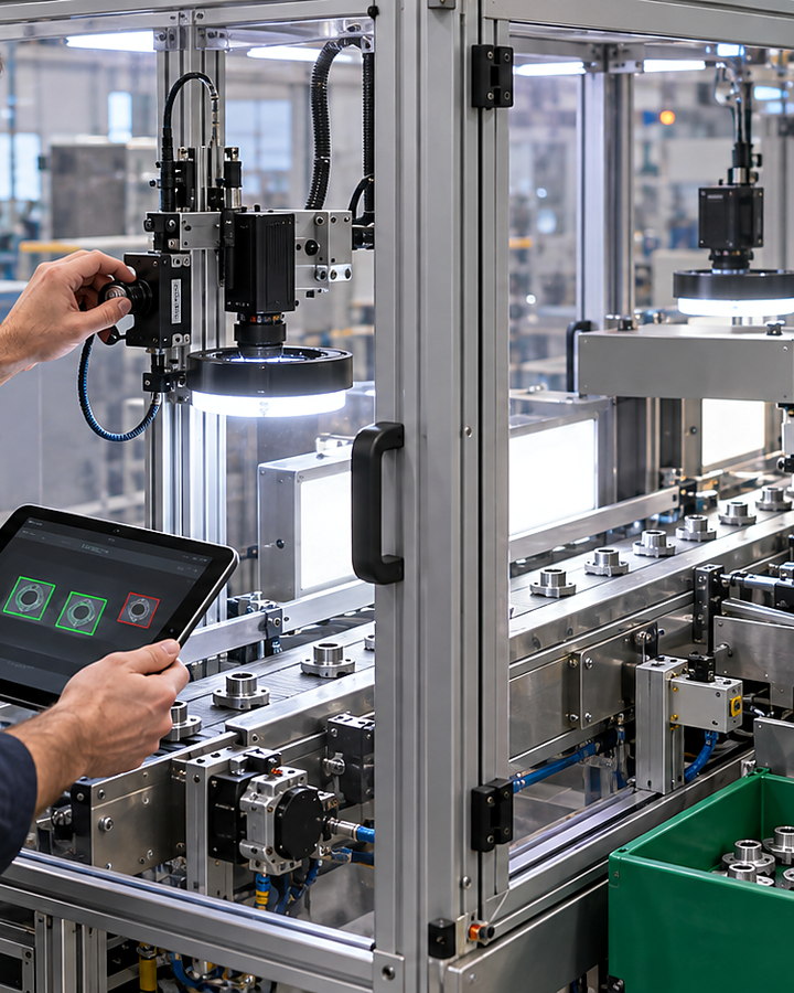 An engineer adjusting camera and lighting hardware on an in-line inspection station.